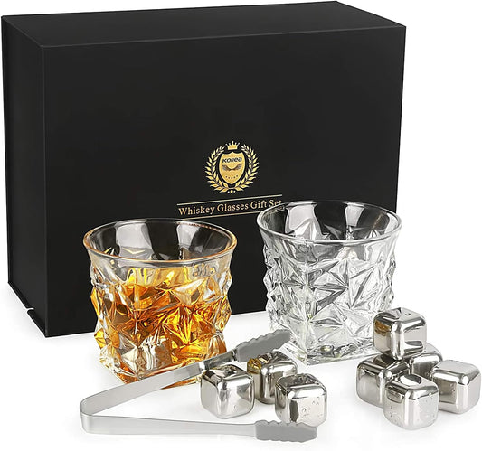 Whiskey Stones Set with 2 Glasses and 8 Reusable Stainless Steel Ice Cubes - Ideal Gift for Men, Dads, Husbands, and Boyfriends for Birthdays, Anniversaries, or Retirement
