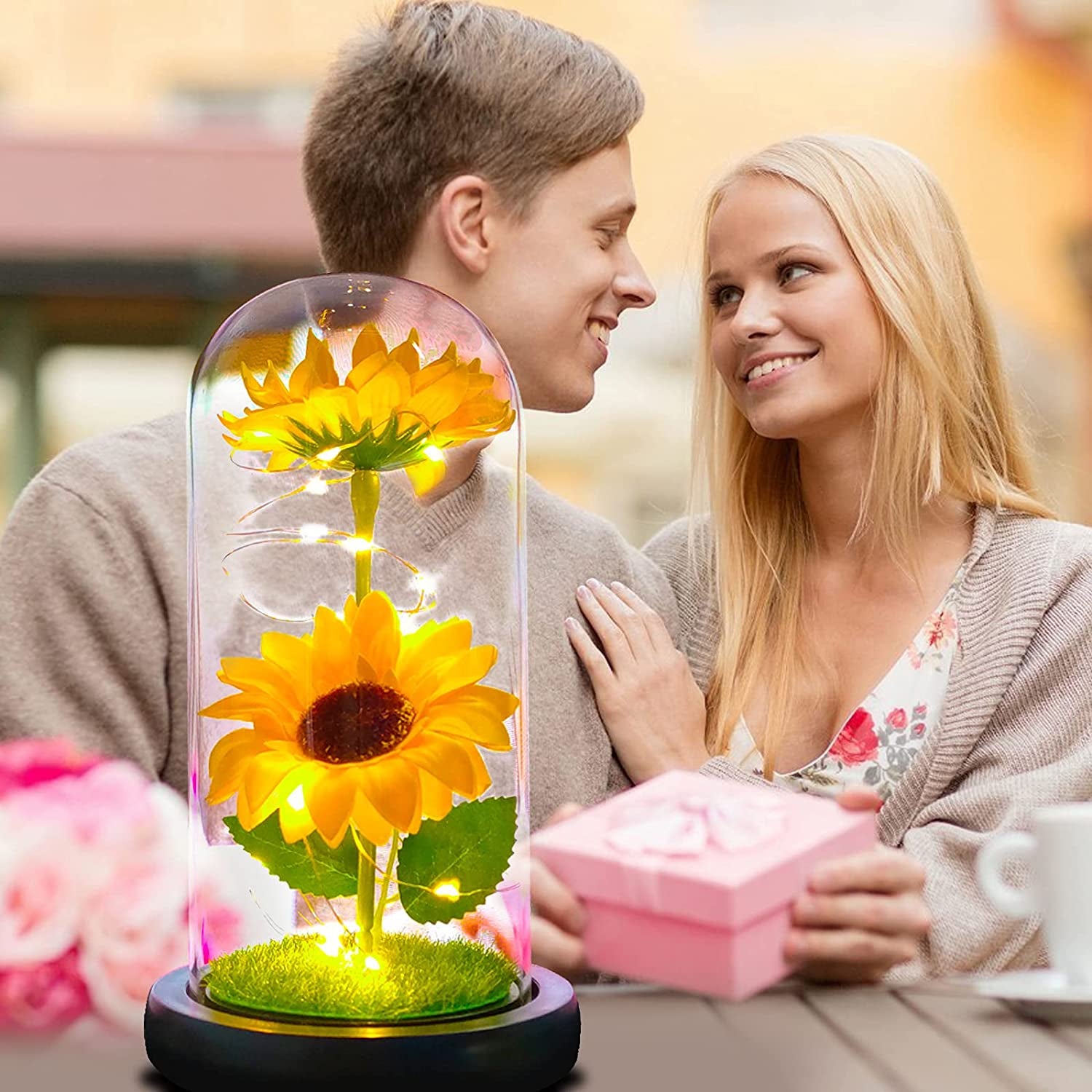 Preserved Sunflower Bouquet in Glass Dome - Perfect Birthday Gift for Mom and Home Decor for Women